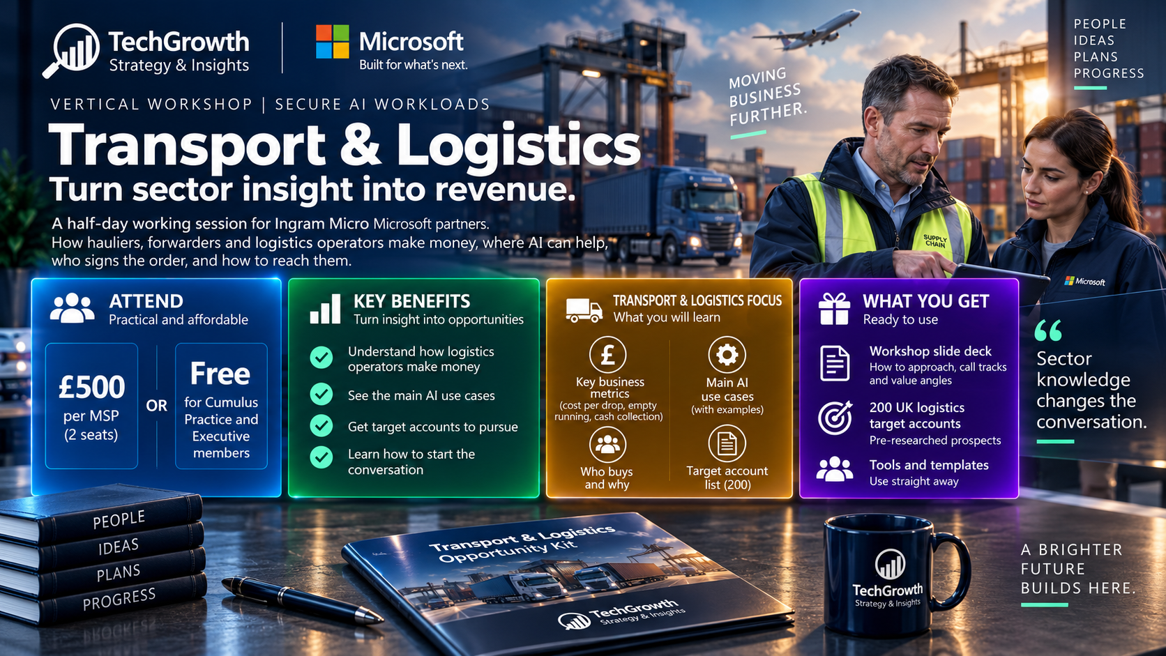Transport and logistics vertical workshop for Ingram Micro Microsoft partners: a full-day session on how hauliers, forwarders and logistics operators make money, where AI can help, who signs the order and how to reach them. You leave with the workshop slide deck, 200 named UK logistics target accounts, and tools and templates. It costs 500 pounds per MSP for two seats, and is free for Cumulus Practice and Executive members.